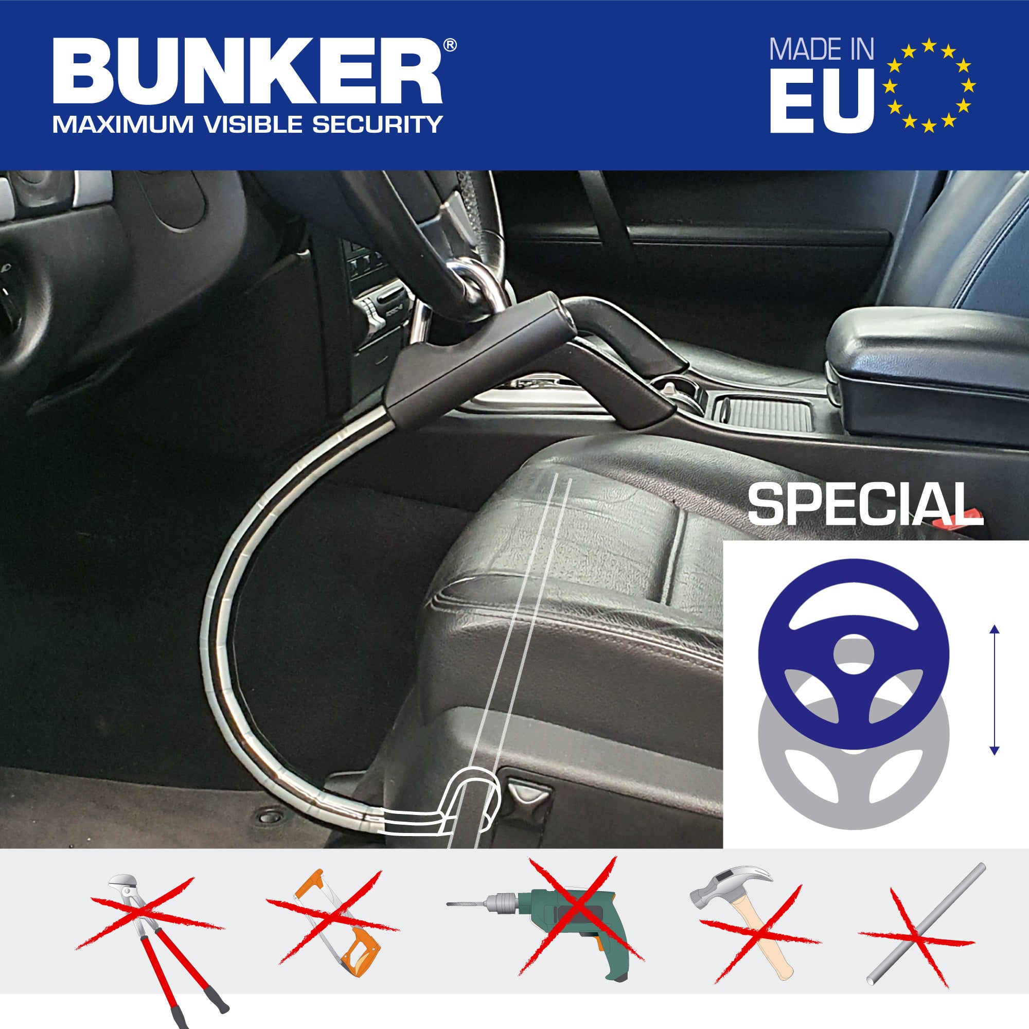 Bunker BA80N Antirrobo Coche Alta Gama Volante Asiento, Cable Acero Blindado Articulado, Cierre Endurecido, Bloqueo Inmovilizador Ajustable Antirobo Freno Embrague para Auto Furgoneta Caravana Camper