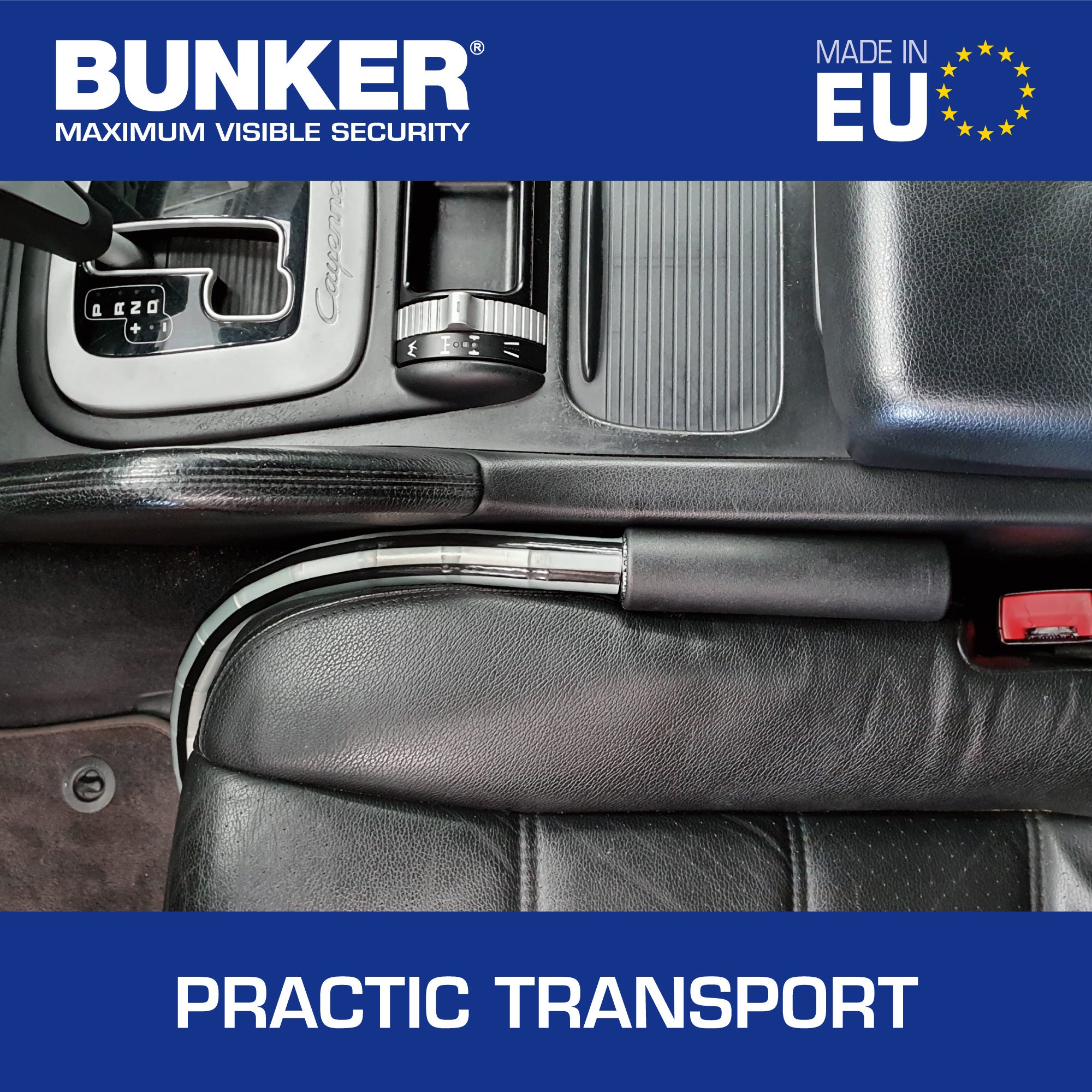 Bunker BA80N Antirrobo Coche Alta Gama Volante Asiento, Cable Acero Blindado Articulado, Cierre Endurecido, Bloqueo Inmovilizador Ajustable Antirobo Freno Embrague para Auto Furgoneta Caravana Camper