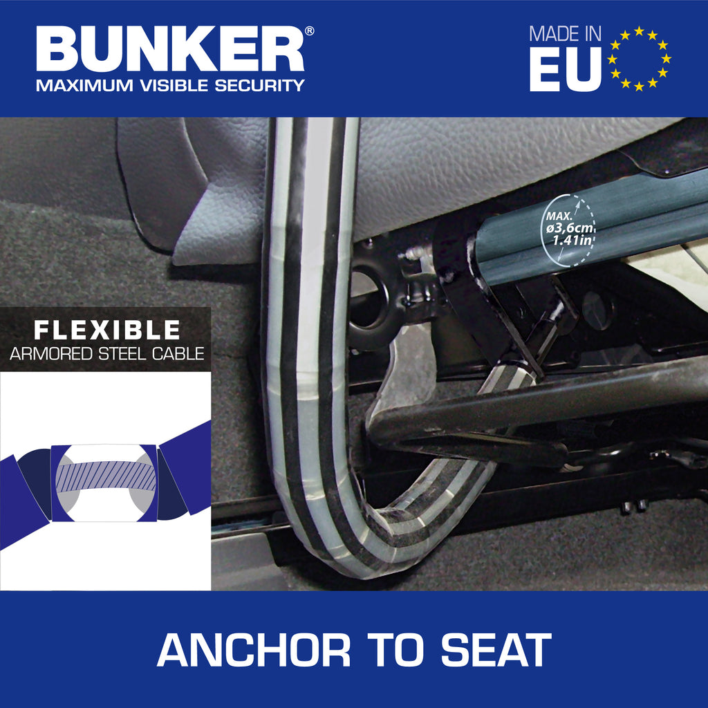 Bunker BA80N Antirrobo Coche Alta Gama Volante Asiento, Cable Acero Blindado Articulado, Cierre Endurecido, Bloqueo Inmovilizador Ajustable Antirobo Freno Embrague para Auto Furgoneta Caravana Camper