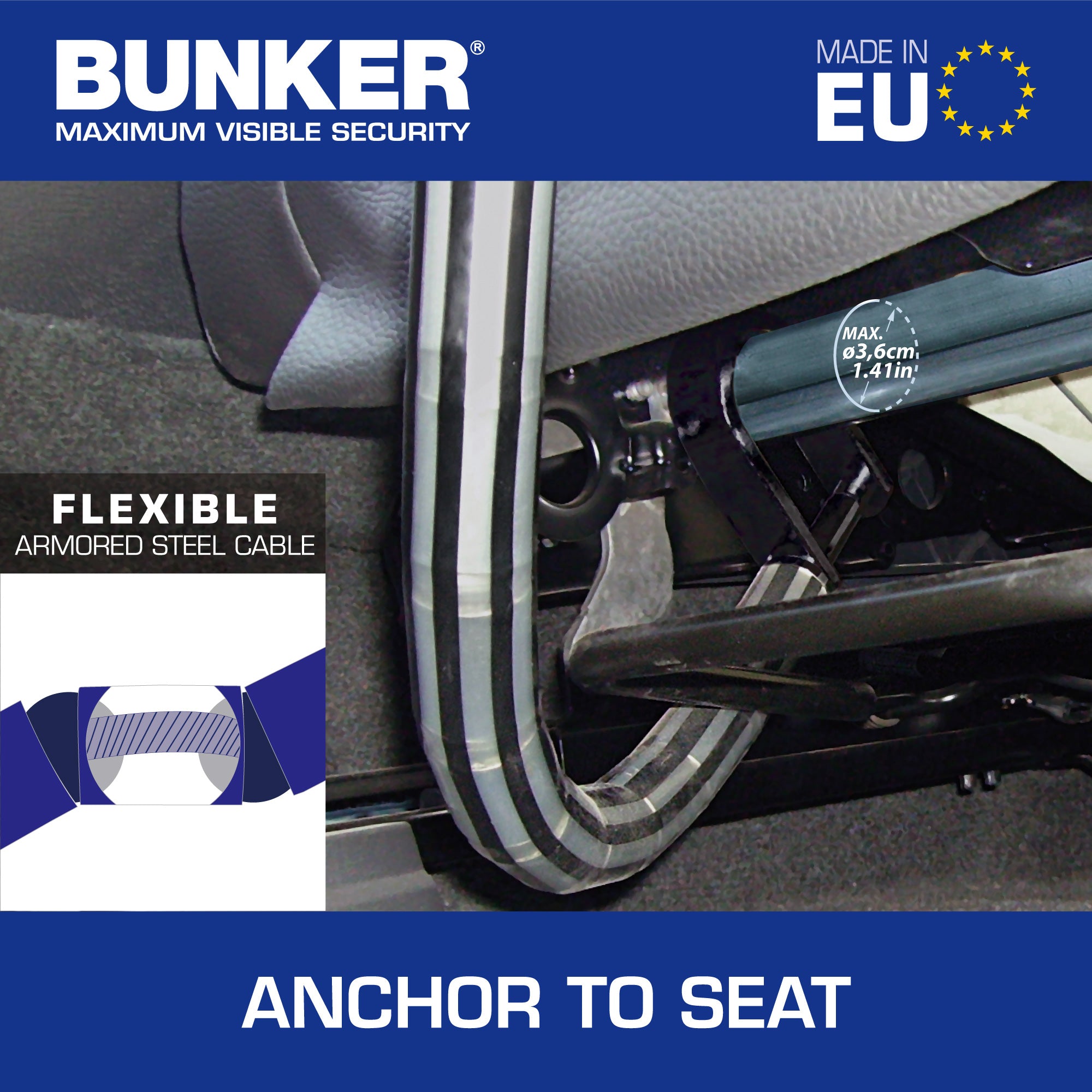 Bunker BA80N Antirrobo Coche Alta Gama Volante Asiento, Cable Acero Blindado Articulado, Cierre Endurecido, Bloqueo Inmovilizador Ajustable Antirobo Freno Embrague para Auto Furgoneta Caravana Camper