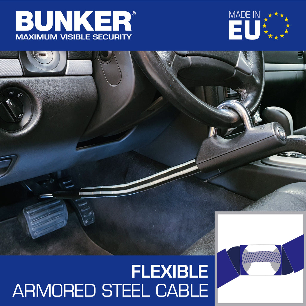 Bunker BP80/B Antirrobo Coche Flexible Alta Gama Volante Pedal, Blindado Articulado, Cierre Basculante Endurecido, Bloqueo Inmovilizador Antirobo Freno Embrague para Auto, Furgoneta, Caravana Camper