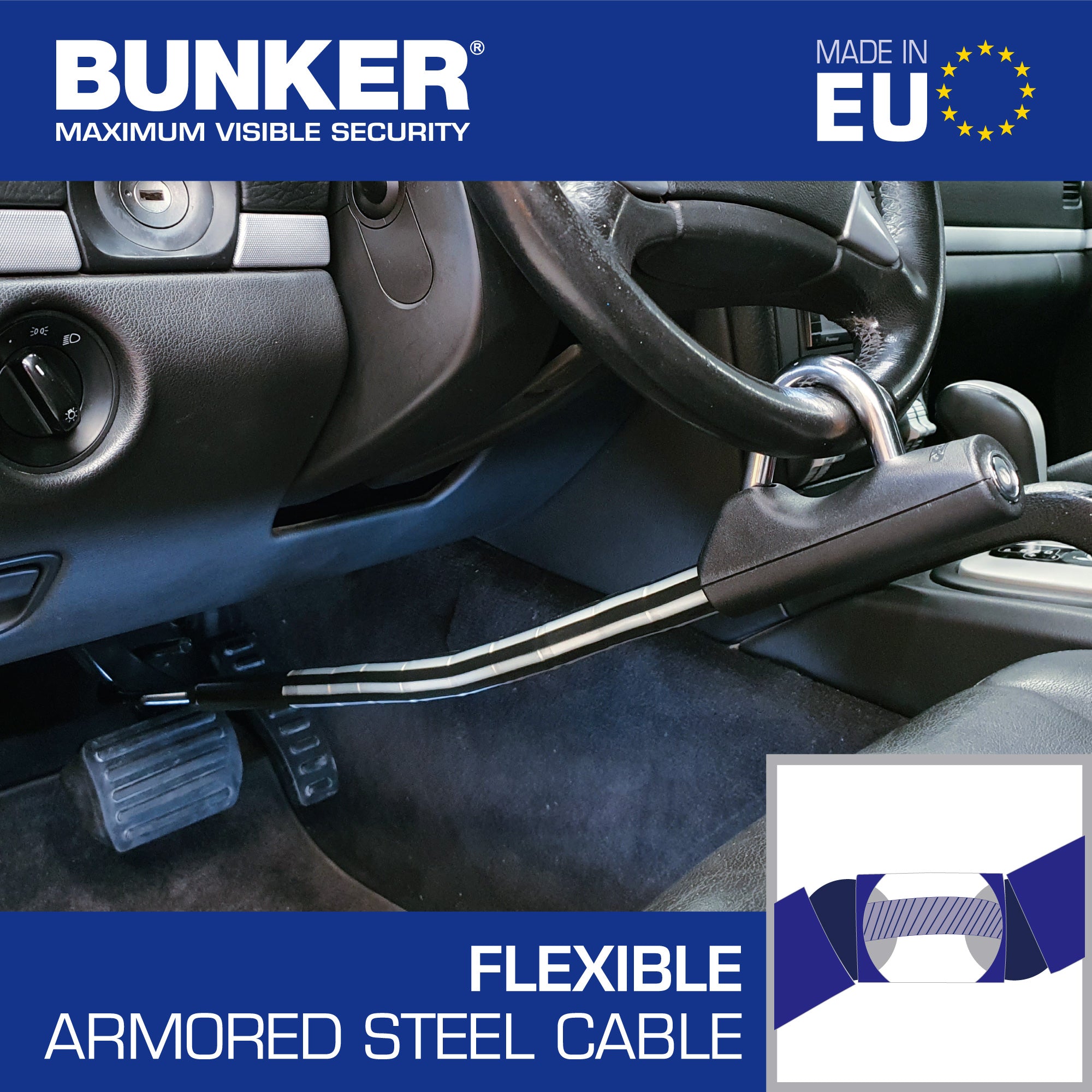 Bunker BP80/B Antirrobo Coche Flexible Alta Gama Volante Pedal, Blindado Articulado, Cierre Basculante Endurecido, Bloqueo Inmovilizador Antirobo Freno Embrague para Auto, Furgoneta, Caravana Camper