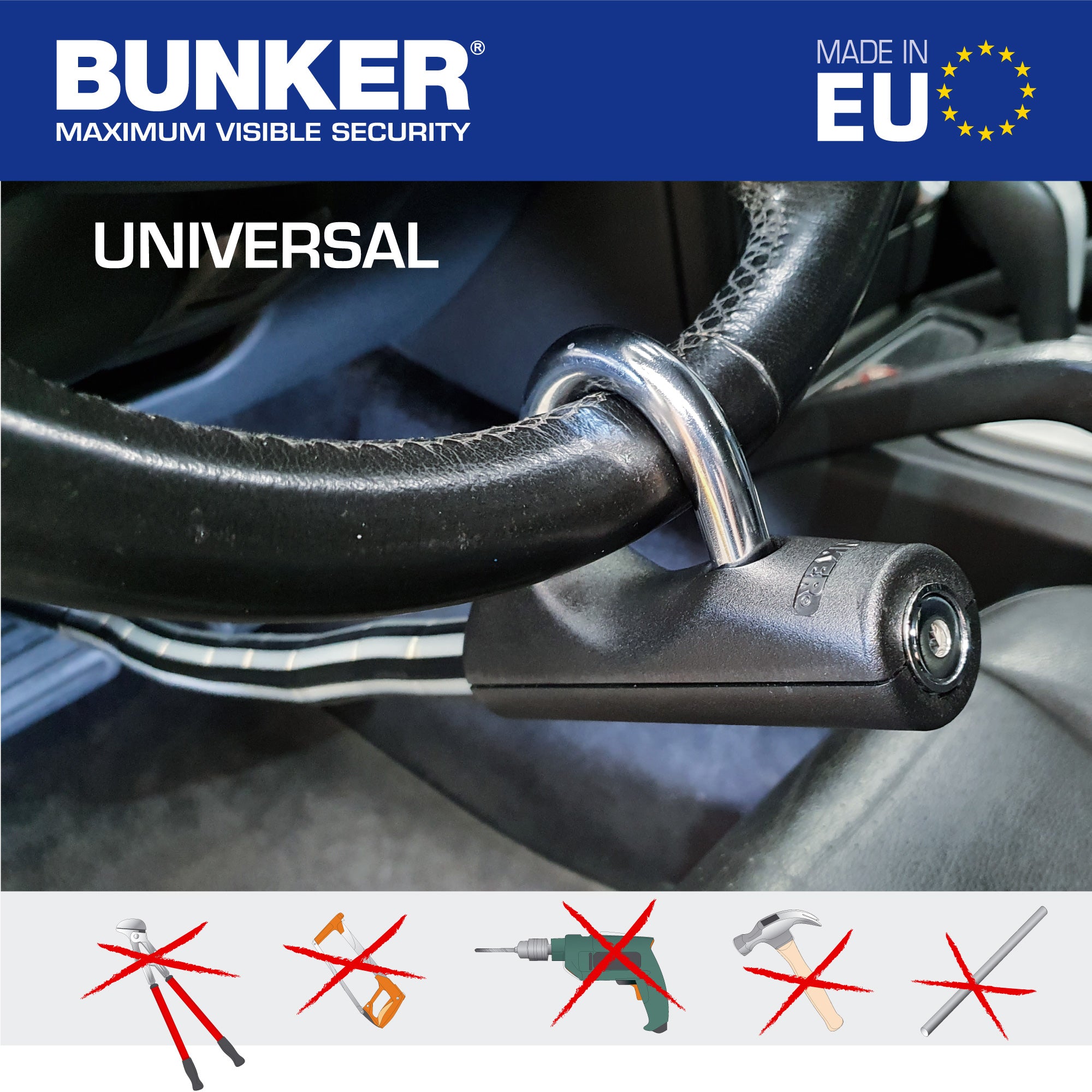 Bunker BP80/B Antirrobo Coche Flexible Alta Gama Volante Pedal, Blindado Articulado, Cierre Basculante Endurecido, Bloqueo Inmovilizador Antirobo Freno Embrague para Auto, Furgoneta, Caravana Camper