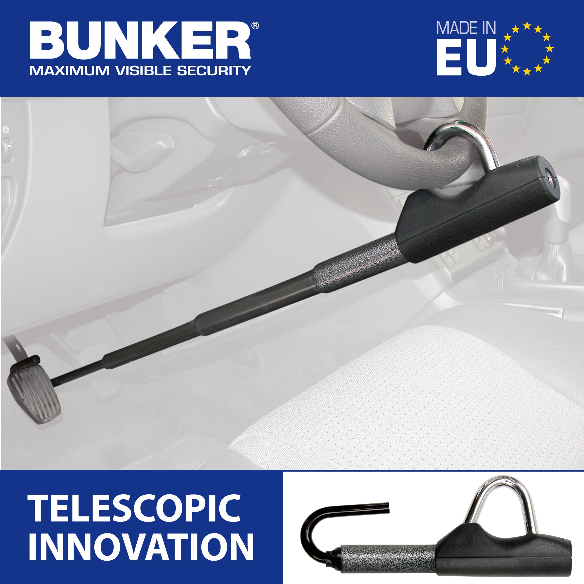 Bunker BB83/B Barra Antirrobo Coche Alta Gama Volante Pedal 80cm max, Fácil Ajuste Más Preciso, Bloqueo Inmovilizador Antirobo Freno Embrague para Auto, Furgoneta, Caravana Camper Camion