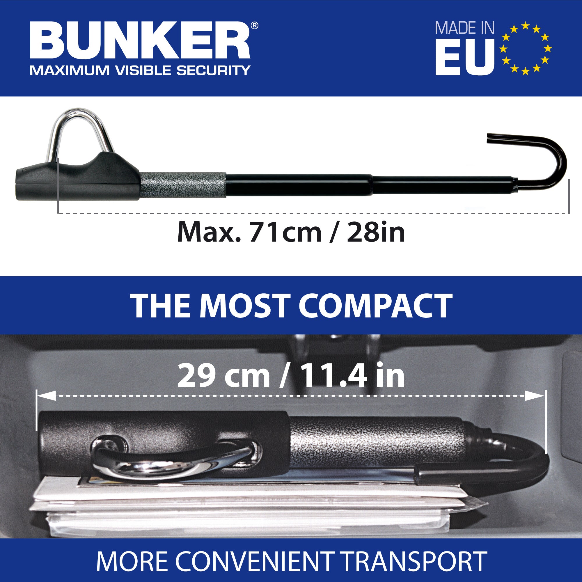 Bunker BB83/B Barra Antirrobo Coche Alta Gama Volante Pedal 80cm max, Fácil Ajuste Más Preciso, Bloqueo Inmovilizador Antirobo Freno Embrague para Auto, Furgoneta, Caravana Camper Camion